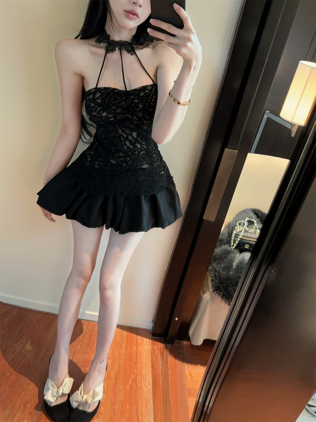 실사 정가 행침 목 순수한 욕망 섹시함 레이스 레이스 맨위 퍼프 스커트 워크웨어 치마바지 세트 여성 봄