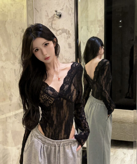 실사 정가 V넥 레이스 순수한 욕망 디자인 센스 레이스 셔츠 올인원 의류 여성 이른 봄