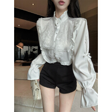批发实拍实价 木耳边蕾丝拼宫廷气质长袖缎面衬衫上衣<b class='q'>短裤</b>女春套装
