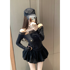 批发实拍实价 纯欲一字肩斜肩网纱拼接长袖T上衣蓬蓬裙工装裙<b class='q'>女</b>春套装