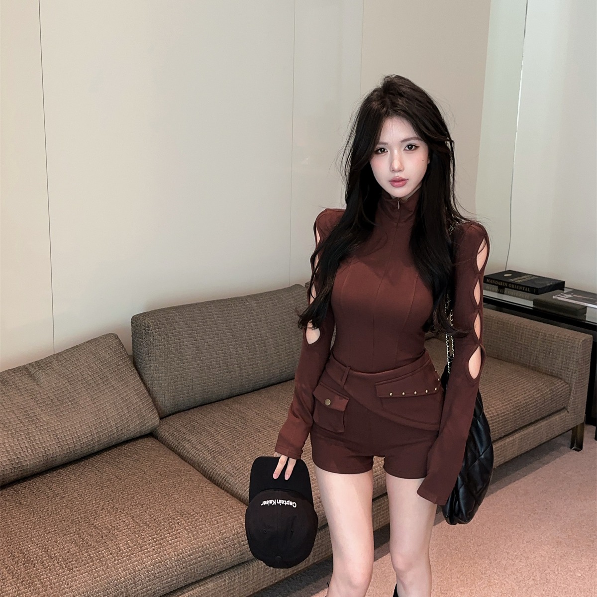 BY36989# 时尚个性袖口开叉设计拉链显瘦连体裤短裤女加腰封  服裝批發女裝批發服飾貨源