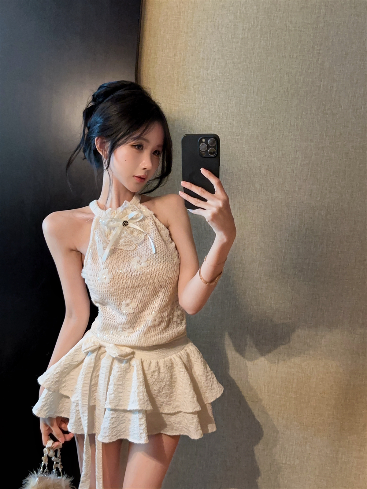 실사 정가 행침 목 자수 꽃 나비 매듭 스팽글 니트 조끼 케이크 드레스 여성 봄 달콤함 세트