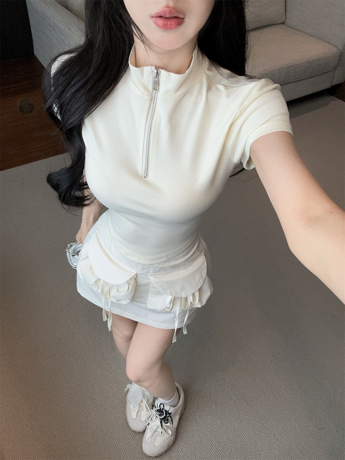 실사 정가 달콤한 차가운 지퍼 슬림해 보이는 허리 수축 반팔 니트 t 운동 맨위 주머니 패션 미니 스커트 여성복