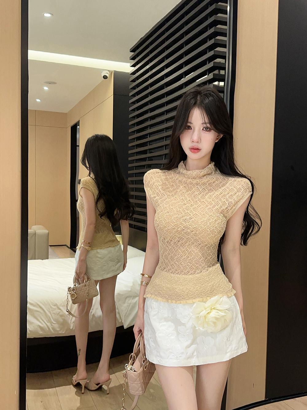 실사 정가 와일드 우아함 레이스 메시 그리드 맨위 반팔 다용도 여름