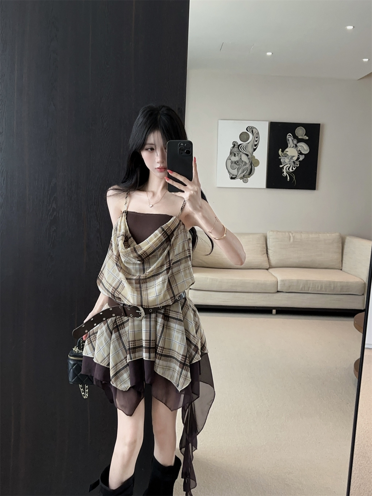 실사 정가 레트로 품격 패션 디자인 센스 불규칙 배색 흔들다 칼라 슬립 여성 드레스 여름