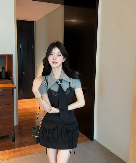 실사 정가 영국식 레이스 슬립 페이크 레이어드 넥타이 학원 맨위 빅 포켓 짧은 치마바지 여성복