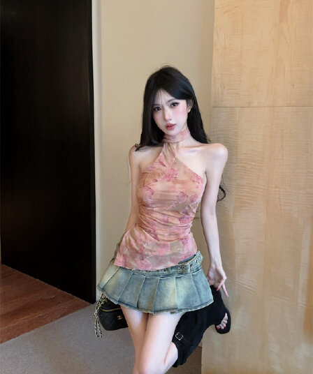 실사 정가 레트로 꽃무늬 프린트 기타 착용 순수한 욕망 행침 목 넥타이 스타일 망사 달콤한 매운맛 맨위 t 여성 가을