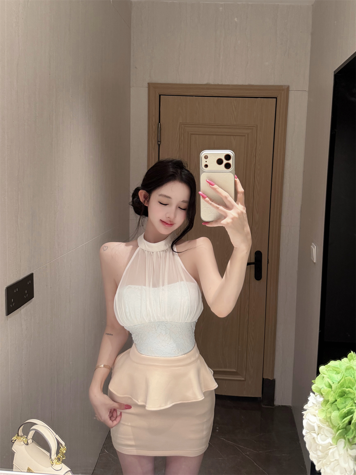실사 정가 레이스 싸움 망사 행침 목 불규칙 맨위 프릴 반신 스커트 여성 패션 세트 여성 여름
