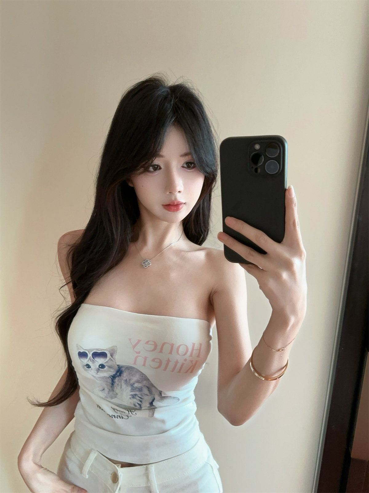 실사 정가 만화 고양이 프린트 튜브탑 맨위 달콤한 매운맛 새끼 고양이 포장 가슴 여성 여름
