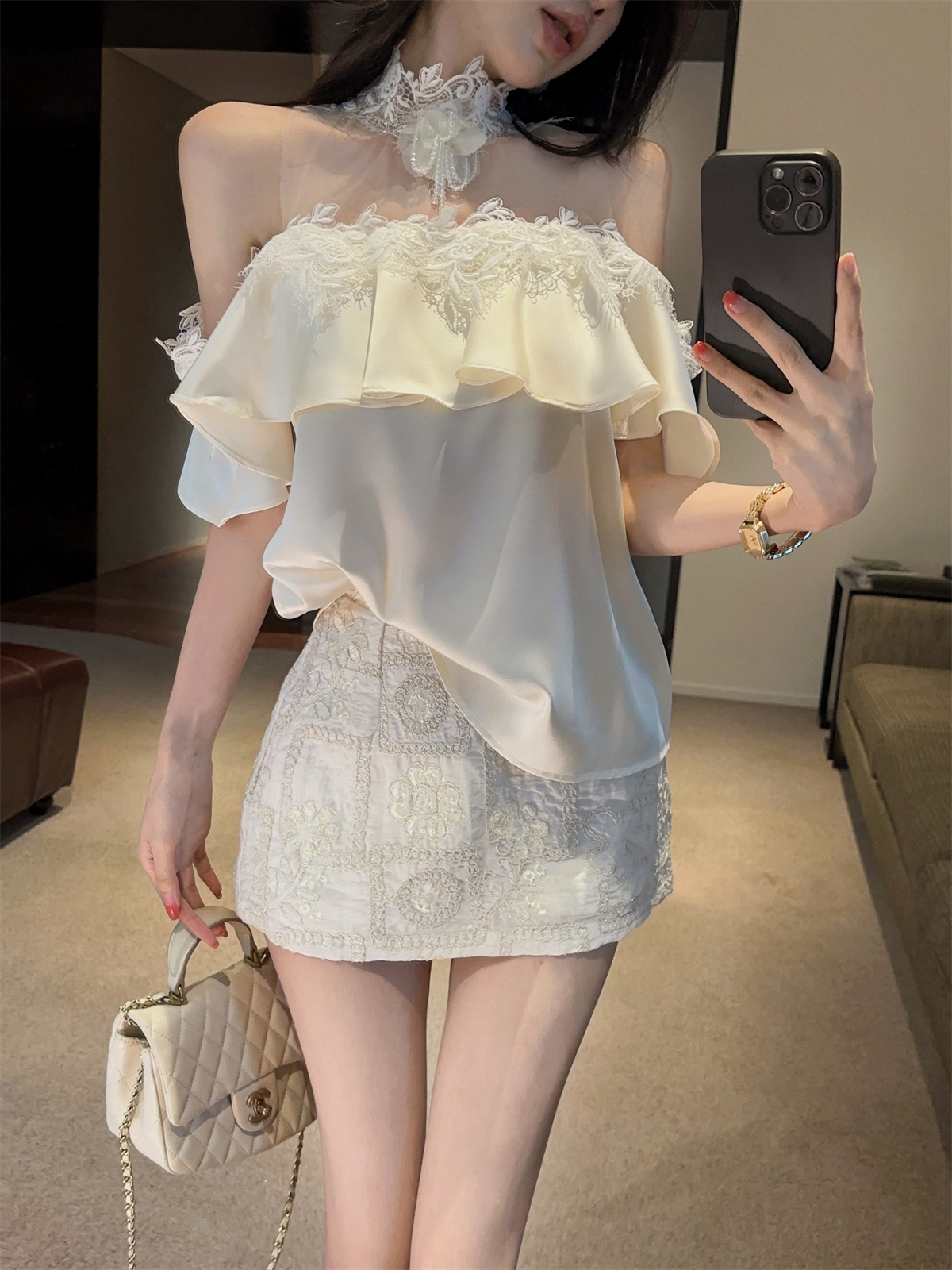 실사 정가 프릴 망사 철자 레이스 순수한 욕망 오프숄더 달콤함 작은 셔츠 자수 짧은 치마바지 여성 여름 세트