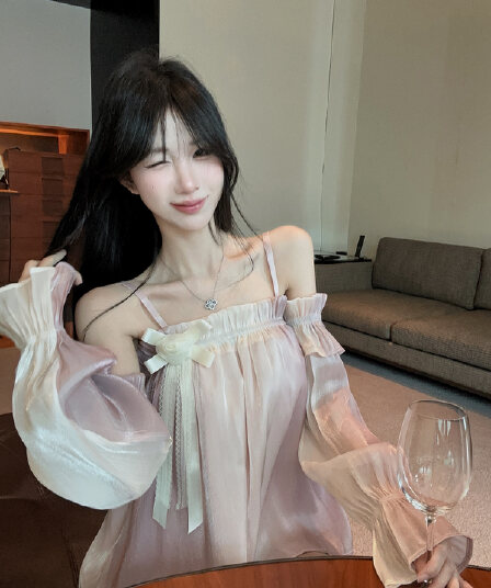 실사 정가 보트넥 술 장미 슬립 맨위 깃발 맨위 슬립 화이트 반바지 세트