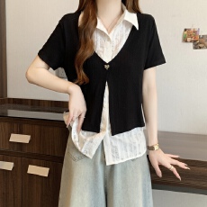 批发假两件拼接短袖衬衫女夏装新款大码胖mm设计感正肩Polo领打底上衣