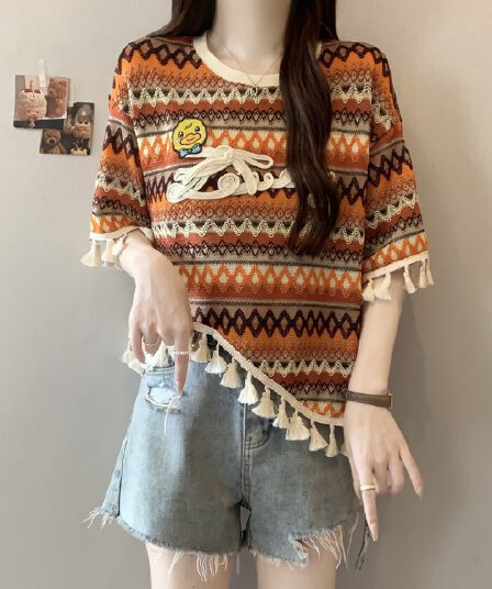 빅 사이즈 여성 의류 표지 배 무지개 스트라이프 긍정적 인 어깨 반팔 티셔츠 여성 지방 mm 루즈핏 슬림해 보이는 니트 술 맨위