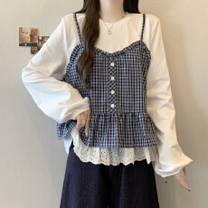 批发<b class='q'>大码</b>设计感格子吊带花边长袖t恤衬衫女2026春季新款假两件上衣