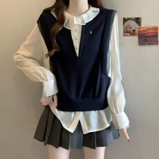 批发大码设计感花边领口长袖上衣春季新款气质显瘦假两件文艺复古衬衫