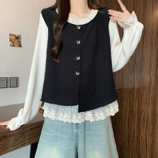 批发大码假两件黑色衬衫春装女款2026年新款网纱拼接法式上衣女