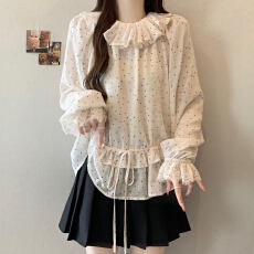 批发大码复古<b class='q'>波点</b>荷叶边小衫雪纺上衣2026春季新款杏色温柔系带<b class='q'>衬衫</b>女