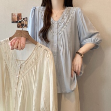 批发大码娃娃衫上衣女2026夏季<b class='q'>新款</b>含亚麻小衫淡人轻薄款v领衬衫