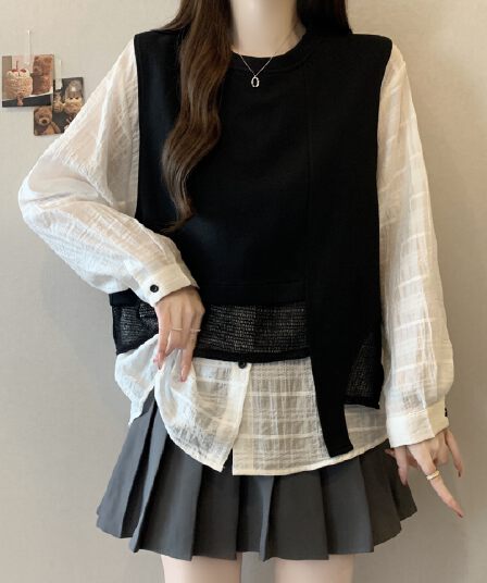 빅 사이즈 26 봄 새로운 캐주얼 루즈핏 페이크 레이어드 티셔츠 한 부서 슬림해 보이는 디자인 센스 배색 다용도 맨위 여성