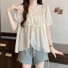 批发大码2026新款夏季法式V领绑带设计感飘逸灵动仙气短袖雪纺衬衫
