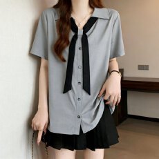 批发<b class='q'>大码</b>飘带衬衫女高级感减龄洋气显瘦灰色衬衣女2026新款夏季上衣