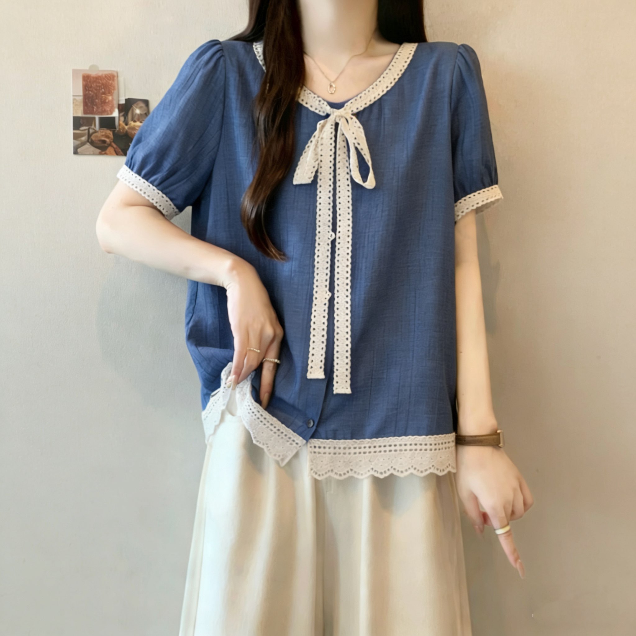 RY3150# 大码胖mm巨好看衬衫短袖蓝色衬衣2026新款夏季花边拼接上...