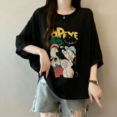 批发大码夏季圆领七分袖T恤2026新款宽松卡通<b class='q'>印花</b>不规则下摆短袖上衣