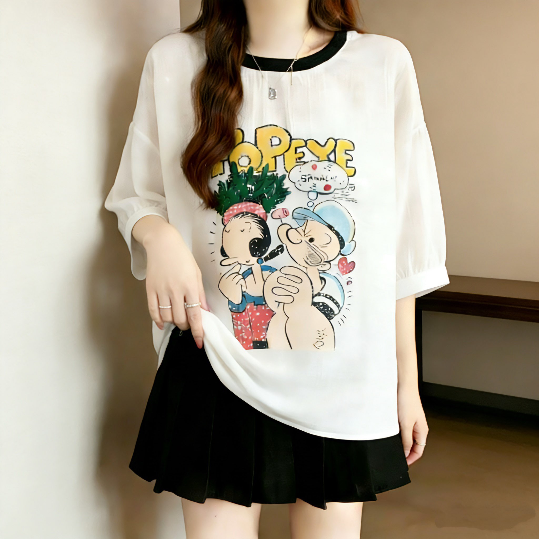 RY3149# 大码夏季圆领七分袖T恤2026新款宽松卡通印花不规则下摆短...