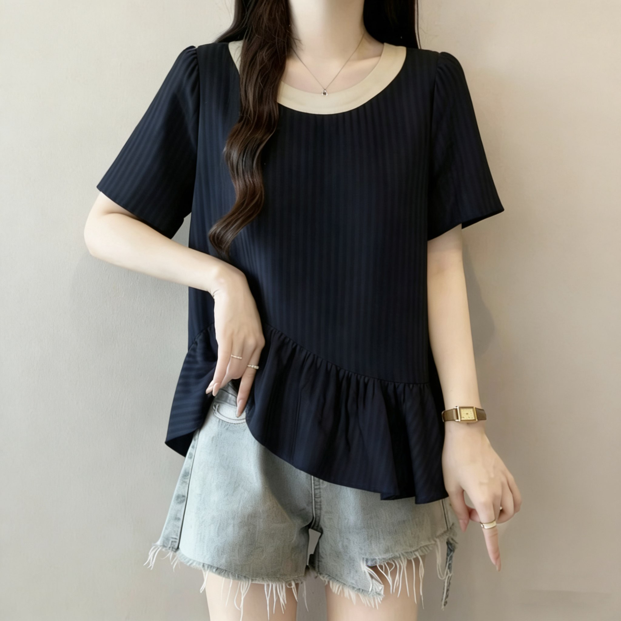 RY3148# 大码女装遮肚子设计感不规则短袖衬衫女夏季胖mm宽松显瘦雪纺...