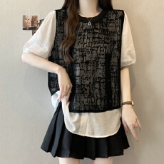 批发<b class='q'>大码</b>撞色假两件拼接短袖衬衫女夏季2026新款宽松显瘦天丝小衫上衣