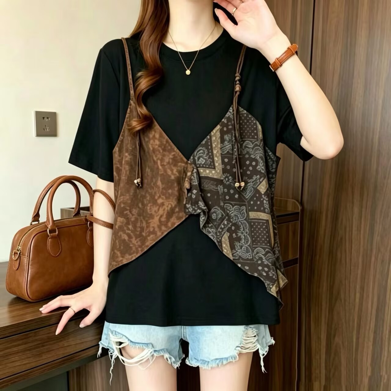 빅 사이즈 26 여름 새로운 페이크 레이어드 반팔 티셔츠 여성 의류 패치워크 프린트 루즈핏 고급 센스 품격 맨위
