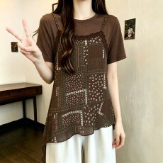 批发设计感拼接飘带假两件短袖t恤女士2026<b class='q'>夏季</b>新款时尚减龄百搭上衣