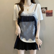 批发2026夏季新款韩版休闲假两件蕾丝拼接短袖T恤女宽松显瘦洋气上衣