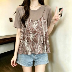 批发韩系复古风印花蛋糕层假两件T恤女<b class='q'>夏季</b>大码胖mm宽松遮肉短袖上衣