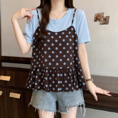 批发<b class='q'>大码</b>假两件波点拼接短袖T恤女2026夏季新款宽松显瘦圆领百搭上衣