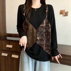 批发大码26秋季新款假两件长袖<b class='q'>T</b><b class='q'>恤</b>女装拼接印花宽松高级感气质上衣