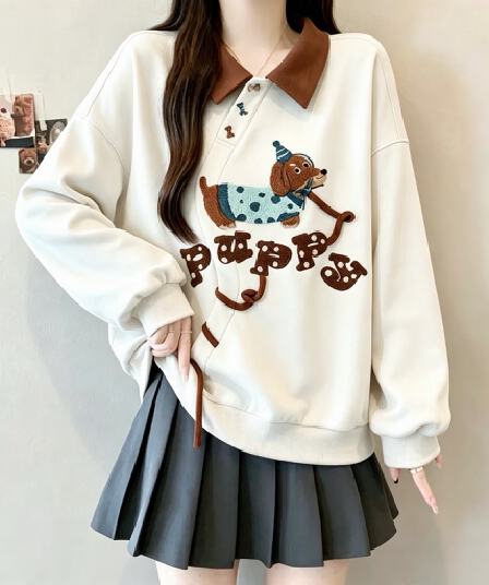 2026 가을 빅 사이즈 여성 의류 루즈핏 슬림해 보이는 POLO 칼라 달콤함 긴팔 후드티 강아지 자수 배색 맨위
