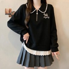 批发娃娃领拼接蕾丝卫衣<b class='q'>大码</b><b class='q'>女装</b>胖mm2026秋冬甜美遮肚百搭上衣