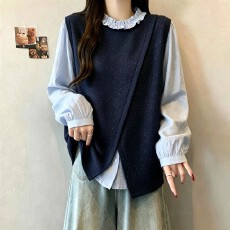 批发秋新款大码休闲花边领<b class='q'>衬衫</b>女2026秋季新款叠穿减龄洋气假两件上衣