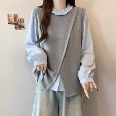 批发秋新款大码休闲花边领<b class='q'>衬衫</b>女2026秋季新款叠穿减龄洋气假两件上衣