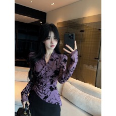 批发实拍 V领气质植绒提花性感透视打底衫收腰网纱轻薄长袖上衣