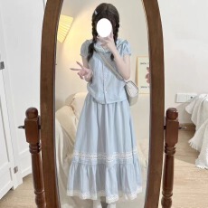 批发夏日穿搭套装裙15中学生13少女12岁大童<b class='q'>娃娃衫</b>半身裙两件套连衣裙