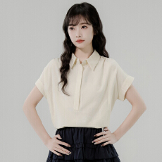 批发学院风中学生字母刺绣短袖衬衫女夏季polo领正肩<b class='q'>上衣</b>