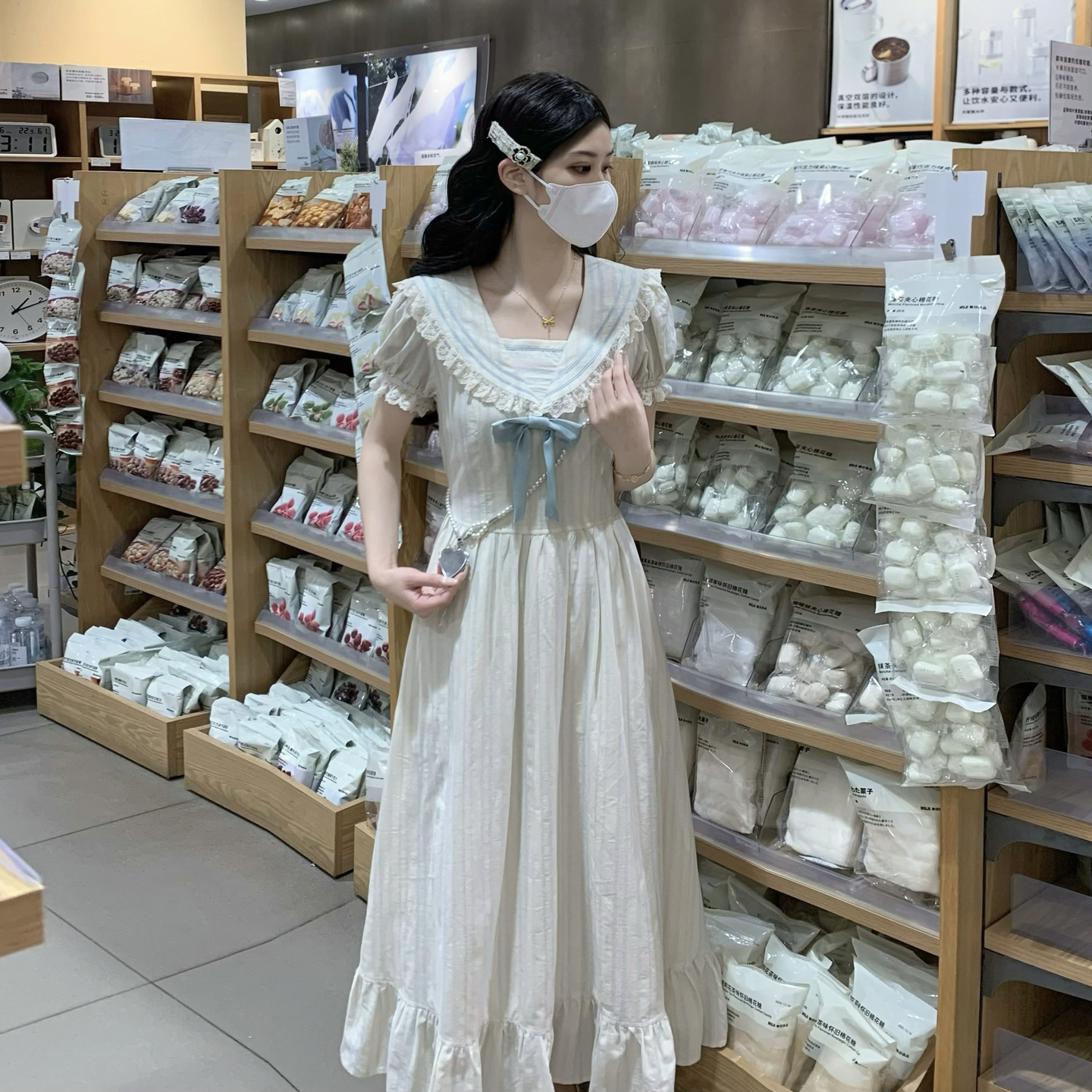 RY2493# 实拍晴空诗行 法式复古少女风夏连衣裙女海军领蕾丝漂亮长裙