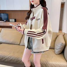 批发实拍拼接立领外套女款秋季美式慵懒chic休闲<b class='q'>夹克</b>男女同款
