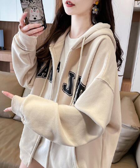 지퍼 오픈 가디건 아메리칸 루즈핏 봄 가을 느긋한 바람 두꺼운 후드 티 스웨터 여성 oversize 재킷