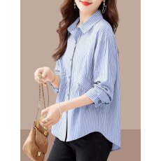 批发条纹<b class='q'>长袖</b>衬衫女装2026年春夏季新款洋气大码蓝色<b class='q'>外套</b>减龄漂亮上衣