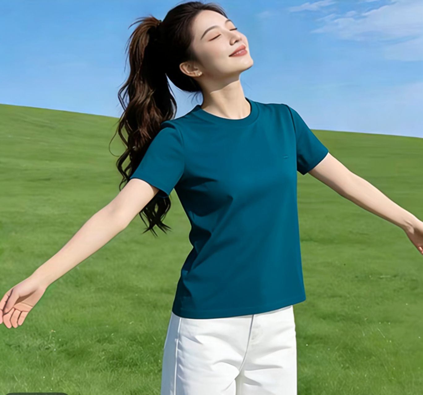질량 재고 있음 미니멀리즘 파란색 반팔 티셔츠 여성 봄 여름 새로운 작은 키 라운드 넥 캐주얼 한 부서 다용도 맨위
