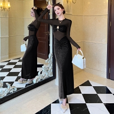 批发高级感烫钻包臀宴会晚礼服网纱<b class='q'>镂空</b>收腰辣妹<b class='q'>连衣裙</b>