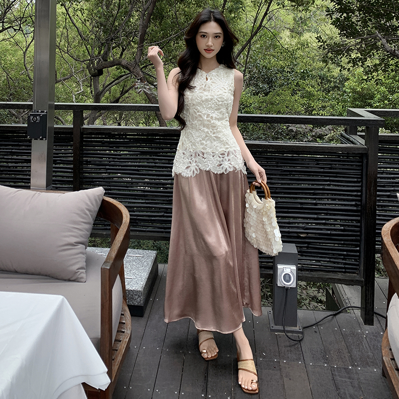 프랑스식 부드러운 바람 홀로우 아웃 레이스 조끼 맨위 고급 센스 우아함 품격 하프 치마 투피스 슈트